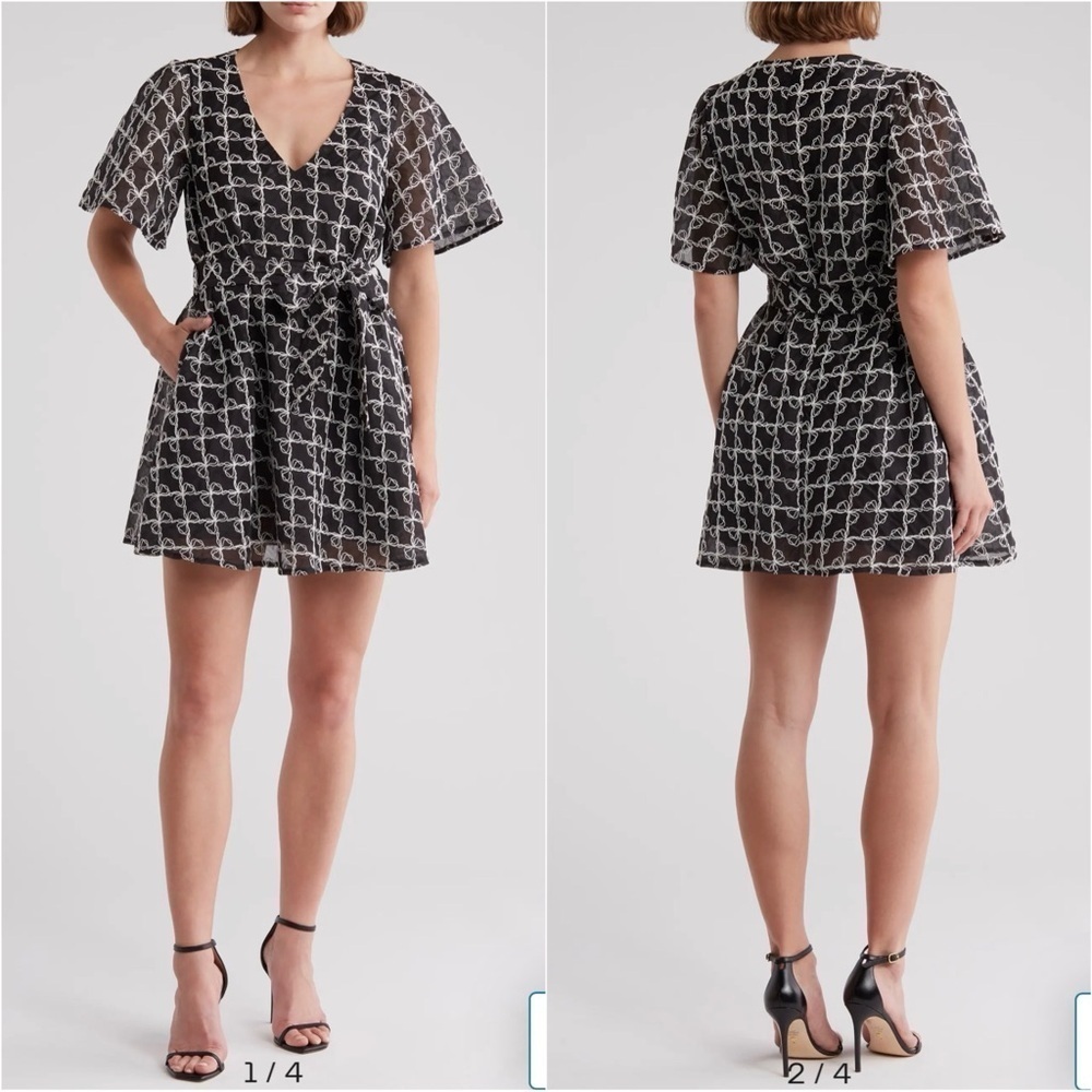 Lisa Says Gah Olivia Bow Dress Mini Waist Tie Pockets Black White XS/S NWT New